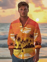 Coconut Tree Hawaiian Resort Men's Shirt Button Up Shirt Printed Shirts Daily Wear Vacation Beach Spring & Summer Lapel Long Sleeve Orange S, M, L Cotton Shirt