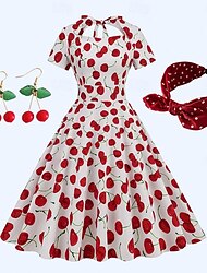 σετ με ρετρό vintage φόρεμα rockabilly της δεκαετίας του 1950 φόρεμα σε γραμμή swing φόρεμα κορδέλα κεφαλής audrey Hepburn κεράσι κρεμαστά σκουλαρίκια κλιπ αυτιών επιχρυσωμένο γλυκό φρούτο 3 τμχ