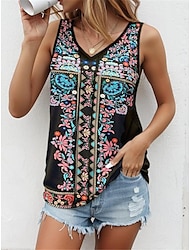 Women's Tank Top Vest Floral Casual Black Print Sleeveless Vintage Ethnic V Neck Regular Fit Summer