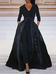 kombinezon ze spódnicą sukienka dla matki panny młodej elegancka prosta czarna sukienka dekolt w kształcie litery V zaszewka/tren szczotek rozciągliwa tkanina rękaw 3/4 w jednolitym kolorze 2024