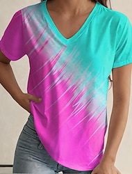 Women's T shirt Tee Ombre Color Gradient Home Casual Holiday Print Fuchsia Short Sleeve Stylish Casual V Neck Summer