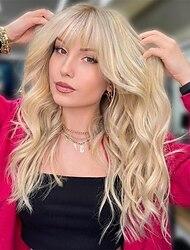 blonda peruker för kvinnor blond peruk med lugg lång vågig lockig peruk naturligt utseende syntetisk värmebeständig fiberperuk för daglig fest