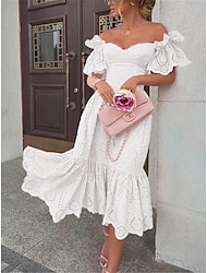 Damskie Biała sukienka Sukienka midi Falbana Randka Urlop Moda miejska Seksowny Z odsłoniętymi ramionami Krótki rękaw Biały Rumiany róż Kolor