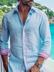 Men's Shirt Linen Shirt Guayabera Shirt Button Up Shirt Summer Shirt Beach Shirt White Blue Green Long Sleeve Plain Collar Spring & Summer Casual Daily Clothing Apparel