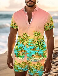 ヤシの木 旅行度假风 ハワイアン 男性用 シャツセット アウトドア ハワイアン 祝日 夏 オールシーズン 折襟 半袖 ピンク ブルー S M L シャツ