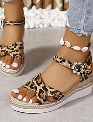 Women's Wedge Sandals Daily Flat Heel Open Toe Casual Faux Leather Ankle Strap Leopard Beige Black Sandals