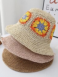 Colorful Crochet Straw Bucket Hat Vintage Flower Color Block Sun Hats Fashion Foldable Travel Beach Hats For Women Girls