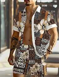Voor heren Bloemig Geometrisch patroon Etnisch 2 stuks Overhemden Sets Hawaiiaans overhemd Korte mouw Korte broek Strijkijzer Vakantie Hawaii Buiten Hawaii Feestdagen Knop Zak Afdrukken Zomer Alle