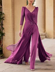 Jumpsuit  Pantsuit Moeder van de Bruid Formele Bruiloft Gast Elegante Rechte Halste V-Hals Vloerlengte Chiffon 3/4 Mouwen met Ruching Cascading Ruffles gratis op maat gemaakt