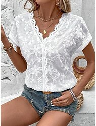 Camisa Camisa de encaje Blusa Parte superior con ojales Mujer Blanco Floral Encaje Calle Diario Moda Escote en Pico Ajuste regular S