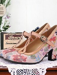 Women's Heels Pumps Ladies Shoes Valentines Gifts Mary Jane Handmade Shoes Party Outdoor Valentine's Day Floral Kitten Heel Round Toe Elegant Vintage Leather Buckle Pink