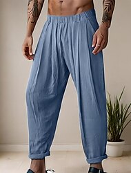 Men's Linen Pants Trousers Summer Pants Elastic Waist Straight Leg Solid Color Comfort Breathable Full Length Yoga Holiday Fashion Streetwear Blue Orange Inelastic