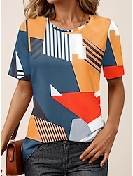 女性用 Tシャツ 幾何学模様 日常 週末 プリント イエロー 半袖 ファッション クルーネック 夏