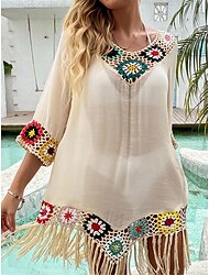 Mulheres Vestido branco Vestido de verão Cobertura Minivestido Frufru Patchwork Férias Praia Sensual Boho Decote V Manga 3/4 Preto Branco Vermelho Cor