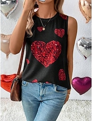 Women's Tank Top Vest Heart Valentine's Day Casual Print Black Sleeveless Fashion Streetwear Crew Neck Summer