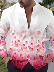 Floreale Vintage Per uomo Camicia Da tutti i giorni Per uscire Fine settimana Estate Primavera & Autunno Colletto Mao Manica lunga Rosa chiaro, Lilla, Arancione S, M, L Tessuto fiammato Camicia