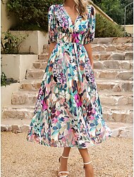 Γυναικεία Καθημερινό φόρεμα Φόρεμα σε γραμμή Α Φλοράλ Στάμπα Λαιμόκοψη V Μίντι φόρεμα Διακοπές Μισό μανίκι Καλοκαίρι