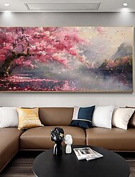 handmålad rosa körsbärsblomningsträd landskap tjock oljemålning textur blommor konst ljus heminredning (ingen ram)