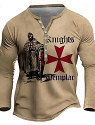 Graphic Knights Templar National Flag Fashion Casual Men's 3D Print T shirt Tee Henley Shirt Tee Top Daily Holiday Going out T shirt Black Brown Khaki Long Sleeve Henley Shirt Spring &  Fall Clothing