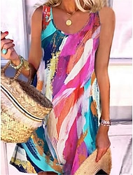Damen Casual kleid Tank-Top Kleid Bedruckt U-Ausschnitt Minikleid Urlaub Ärmellos Sommer