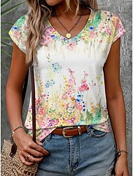 Women's T shirt Tee Floral Casual Holiday Print White Short Sleeve Fashion V Neck Summer