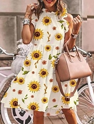 Γυναικεία Φλοράλ Μαργαρίτα Στάμπα Στρογγυλή Ψηλή Λαιμόκοψη Μίνι φόρεμα χαριτωμένο στυλ Στυλάτο Ημερομηνία Διακοπές Αμάνικο Καλοκαίρι