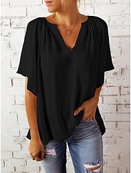 Women's T shirt Tee Plain Casual Daily Ruffle Black Short Sleeve Basic Modern Split Neck Summer