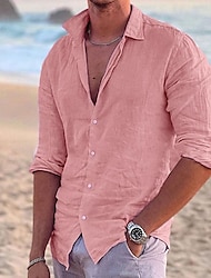 Hombre camisa de lino Camisa Camisa de verano Camisa de playa Negro Blanco Rosa Manga Larga Color sólido Cuello Vuelto Primavera verano Exterior Calle Ropa Abotonar