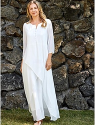 Női Fehér ruha hétköznapi ruha Pamut vászon ruha Maxi hosszú ruha Gomb Többrétegű Alap Napi Randi Terített nyak Háromnegyedes Nyár Tavasz Fehér Sima