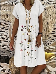 Women's White Dress Cotton Linen Dress Midi Dress Embroidered Daily V Neck Short Sleeve Summer Spring White Blue Floral