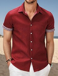 Men's Shirt Button Up Shirt Casual Shirt Summer Shirt Black White Light Green Pink Red Short Sleeve Plaid Lapel Hawaiian Holiday Patchwork Clothing Apparel Fashion Casual