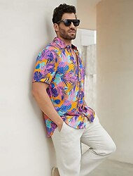 עלה טרופי הוואי אופנה קז'ואל בגדי ריקוד גברים חולצה חולצה עם כפתורים חולצה קז'ואל יומי הוואי חופשה קיץ דש שרוולים קצרים סגול S, M, L חוטי זהורית 100% כותנה חולצה