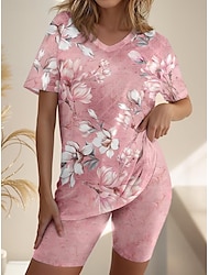 Mulheres Camiseta Conjuntos de shorts Floral Imprimir Casual / Diário Moda Manga Curta Decote V Rosa Verão