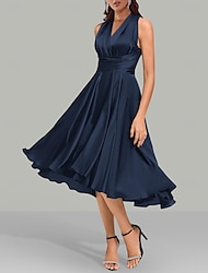 Corte en A azul vestidos de invitadas de boda vestido elegante formal verano hasta el té sin mangas un hombro convertible satén con fruncido 2024