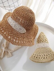 Hollow Crochet Bucket Hat Lace Ribbon Tie Wide Brim Breathable Straw Sun Hat Elegant Sunshade Travel Beach Hats For Women