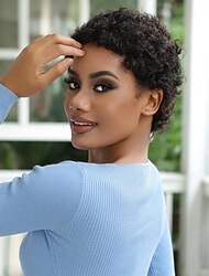 afro výstřední kudrnaté lidské vlasy krátké paruky pro ženy plná a nadýchaná strojově vyrobená paruka lidské vlasy pixie střih přirozeně vypadající nelepivá náhrada vlasů paruka černá barva