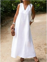 Dámské Bílé šaty Volnočasové šaty Bavlněné plátěné šaty Maxi dlouhé šaty Kapsy Základní Denní Do V Bez rukávů Léto Jaro Bílá Bez vzoru