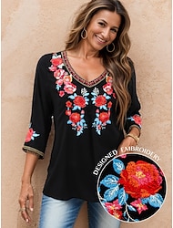 Women's Designer Shirt Floral Tribal Work Casual Holiday Embroidered Black 3/4 Length Sleeve Vintage Bohemian Style Casual V Neck Summer Spring &  Fall