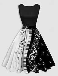 Women's Retro 1950s Vintage Tea Dresses Midi Dress Daily Holiday Ruched Print Note Crew Neck Sleeveless Slim Summer Spring 2023 Black Wine S M L XL