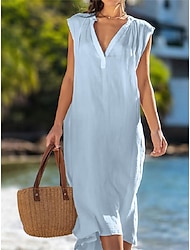 Women's Linen Dress Shirt Dress Midi Dress Basic Daily V Neck Sleeveless Summer Spring Light Blue White Plain