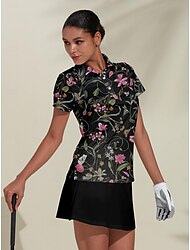 Women's Golf Polo Shirt Black Short Sleeve Top Floral Ladies Golf Attire Clothes Outfits Wear Apparel