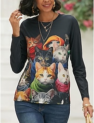 Women's T shirt Tee Cat 3D Daily Weekend Print Black Long Sleeve Fashion Funny Round Neck Spring &  Fall
