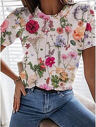 Damen T Shirt Blume Bedruckt Casual Täglich Druck Kurzarm Rundhalsausschnitt Gelb Frühling Sommer