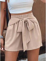 Shorts femininos poliéster liso cáqui simples cintura alta curto férias casual diário