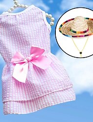 Puppy Dress with Sun Hat Plaid Printing Bow-Knot Decor Apparel Two-Legged Dog Costume Skirt for Summer Pets Dress Accessories