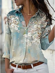 Mulheres Camisa Social Blusa Floral Diário Férias Botão Imprimir Azul Manga Longa Casual Colarinho de Camisa Primavera & Outono