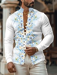 Floral Comfortable Resort Men's Shirt Daily Wear Going out Weekend Spring & Summer Standing Collar Long Sleeve Orange, Light Blue S, M, L Slub Fabric Shirt