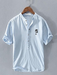 Ανδρικά Πουκάμισο λινό πουκάμισο Βαμβακερό λινό πουκάμισο Λευκό βαμβακερό πουκάμισο Casual πουκάμισο Βαμβακερό πουκάμισο Λευκό Βαθυγάλαζο Μπλε Απαλό Κοντομάνικο Δέντρο καρύδας Κορδέλα Κολάρο Καλοκαίρι