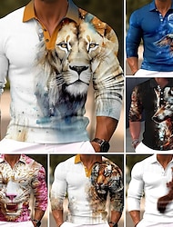 Voor heren Leeuw Poloshirts Golfshirt Lange mouw Poloshirt Overhemden met kraag Casual Grappig Streetwear Vakantiekleding Feestoutfits Knop 3D-afdrukken Licht Roze Wit Kristal / Oranje