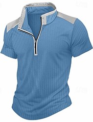 Homens Color Block Tee Camisa de manga curta Camiseta de malha canelada T-shirt Retalhos Pit Strip Quarter Zip não imprimível Ao ar livre Casual Manga Curta Quarter Zip Roupa Esportes Diário